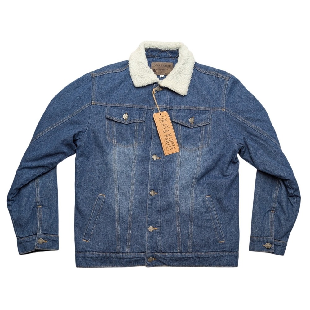 NWT Logan & Martin Denim Trucker Jacket Mens Small Blue Sherpa Collar
